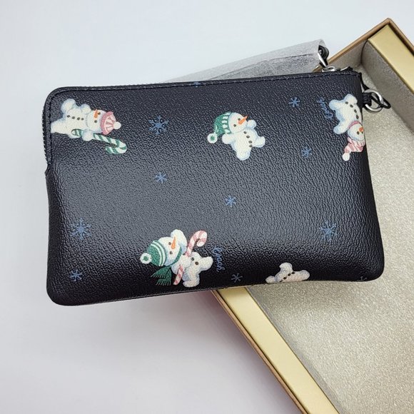 Coach Boxed Corner Zip Wristlet with Snowman Print C7401 Midnight Multi - Picture 2 of 6